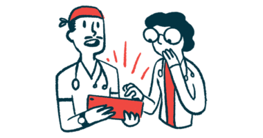 An illustration of doctors checking a patient's status using a tablet.