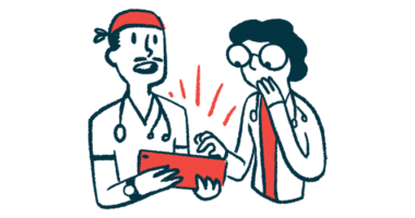 An illustration of doctors checking a patient's status using a tablet.