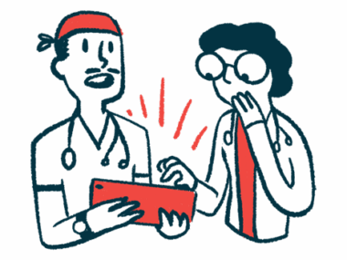 An illustration of doctors checking a patient's status using a tablet.