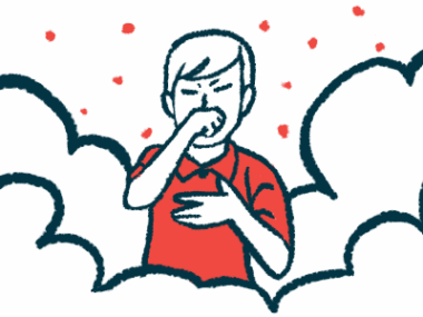 An illustration of person coughing, surrounded by clouds of dust.