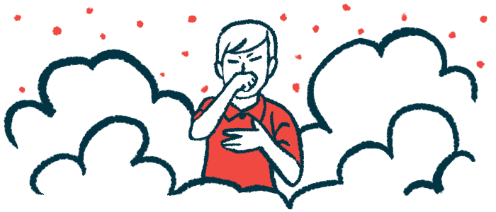 An illustration of person coughing, surrounded by clouds of dust.