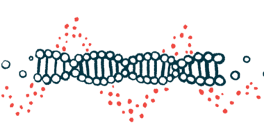 An illustration of a strand of DNA shows its double helix formation.