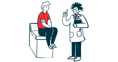 An illustration showing a doctor talking with a seated patient.