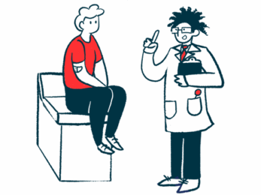 An illustration showing a doctor talking with a seated patient.