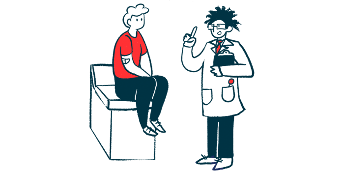 An illustration showing a doctor talking with a seated patient.