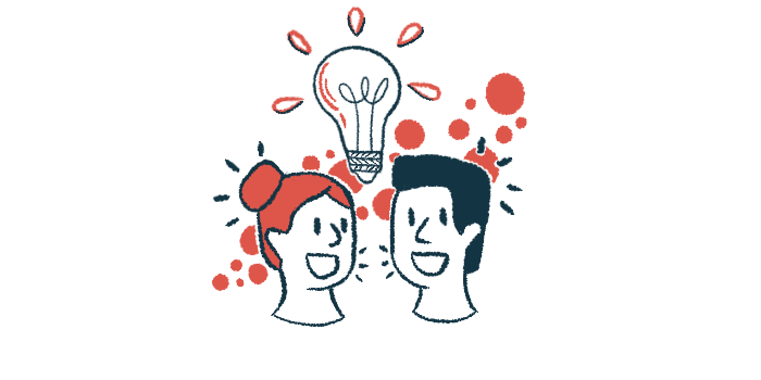 Two people face each other as a lightbulb shines above both their heads, signifying a shared good idea.