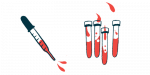 A dropper squirts blood alongside a number of vials of blood.