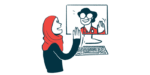 An illustration shows a person waving to a medical professional on her computer screen.
