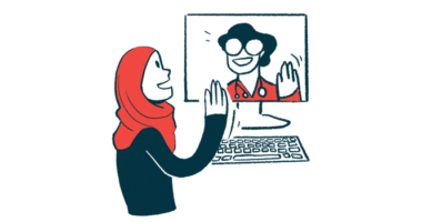 An illustration shows a person waving to a medical professional on her computer screen.