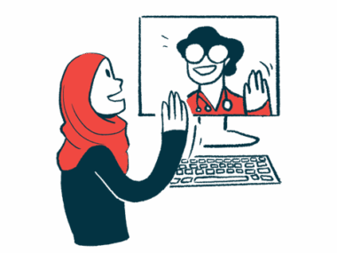 An illustration shows a person waving to a medical professional on her computer screen.