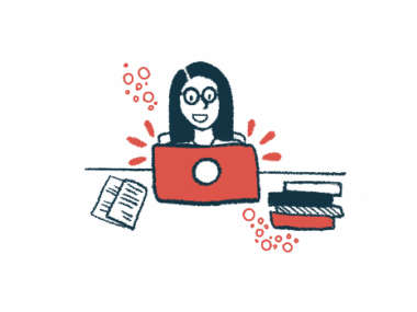 Illustration shows a woman using a laptop computer.