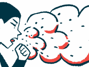 A person enveloped by smoke is coughing.