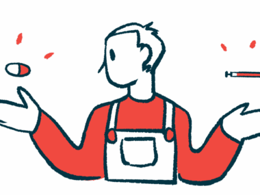 A person is shown looking at one of two different medications, each held in the palm of a hand.