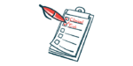An oversized red pen ticks boxes marked 'Clinical' and 'Trials' on a clipboard checklist.