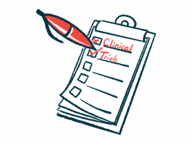An oversized red pen ticks boxes marked 'Clinical' and 'Trials' on a clipboard checklist.