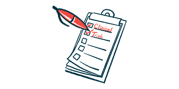 An oversized red pen ticks boxes marked 'Clinical' and 'Trials' on a clipboard checklist.