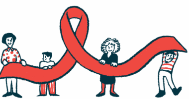 Four people, adults and children, are each seen holding up part of a red awareness ribbon.